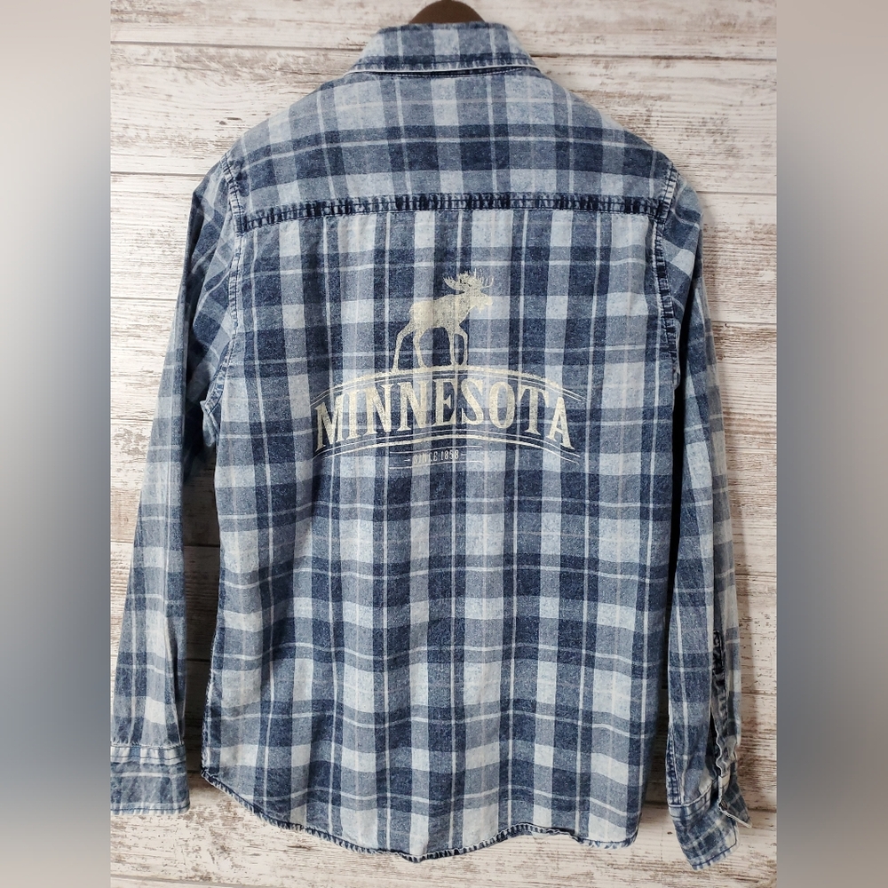 Upcycled Minnesota Moose Denim Plaid Shirt - Blue & White Western
